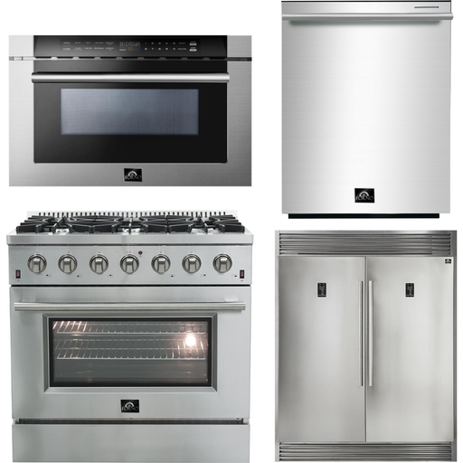 Forno 36 Inch Gas Range, 60 Inch Refrigerator, Microwave Drawer and Dishwasher Appliance Package