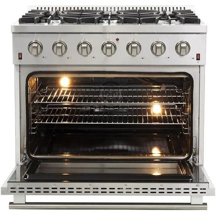 Forno 36 Inch Gas Range, Range Hood, Refrigerator, Microwave Drawer, Dishwasher and Wine Cooler Appliance Package