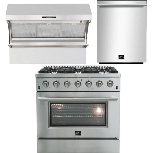 Forno 36 Inch Gas Range, Wall Mount Range Hood and Dishwasher Appliance Package