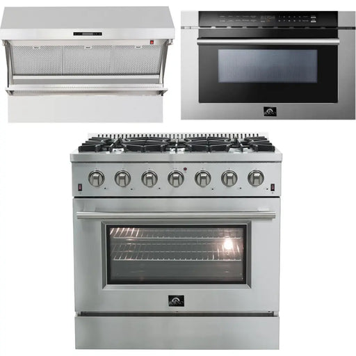 Forno 36 Inch Gas Range, Wall Mount Range Hood and Microwave Drawer Appliance Package