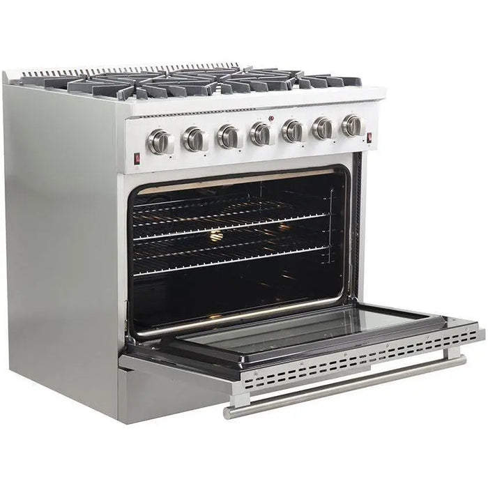 Forno 36 Inch Gas Range, Wall Mount Range Hood, Microwave Drawer and Dishwasher Appliance Package