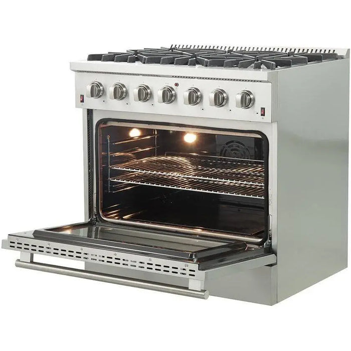 Forno 36 Inch Gas Range, Wall Mount Range Hood, Refrigerator, Microwave Drawer and Dishwasher Appliance Package