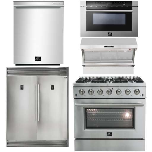 Forno Kitchen Appliance Packages Forno 36 Inch Gas Range, Wall Mount Range Hood, Refrigerator, Microwave Drawer and Dishwasher Appliance Package
