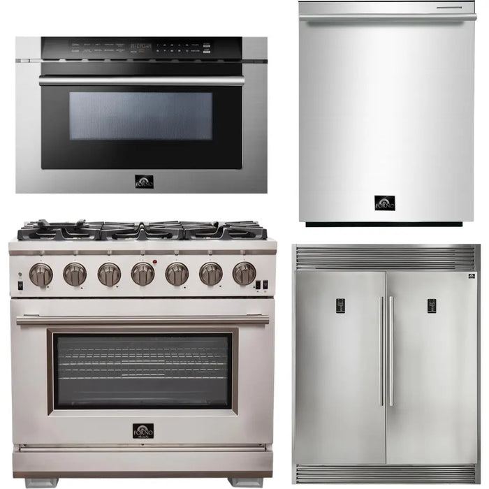 Forno 36 Inch Pro Gas Range, Refrigerator, Microwave Drawer and Dishwasher Appliance Package