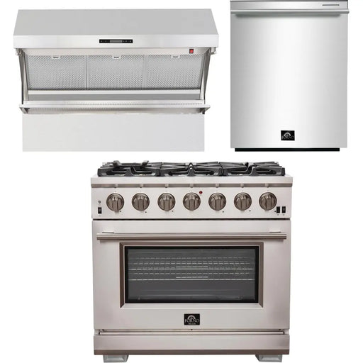 Forno 36 Inch Pro Gas Range, Wall Mount Range Hood and Dishwasher Appliance Package