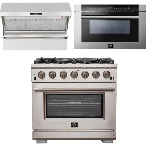 Forno 36 Inch Pro Gas Range, Wall Mount Range Hood and Microwave Drawer Appliance Package