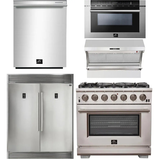 Forno 36 Inch Pro Gas Range, Wall Mount Range Hood, Refrigerator, Microwave Drawer and Dishwasher Appliance Package