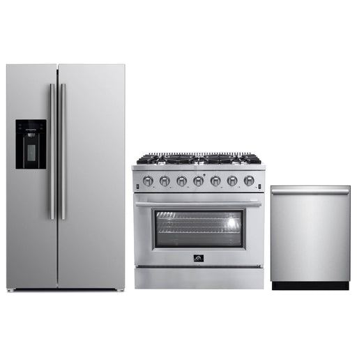 Forno 36" Stainless Steel Dishwasher, Refrigerator with Water Dispenser & Gas Range Appliance Package