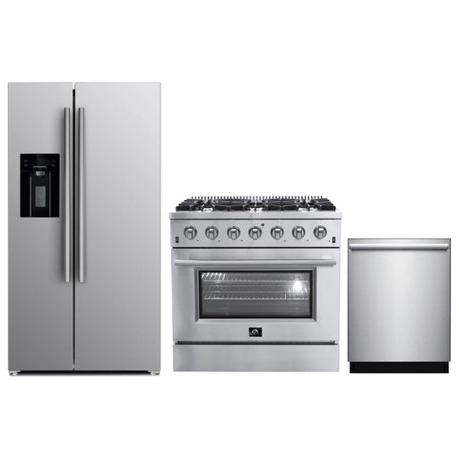 Forno Kitchen Appliance Packages Forno 36" Stainless Steel Dishwasher, Refrigerator with Water Dispenser & Gas Range Appliance Package