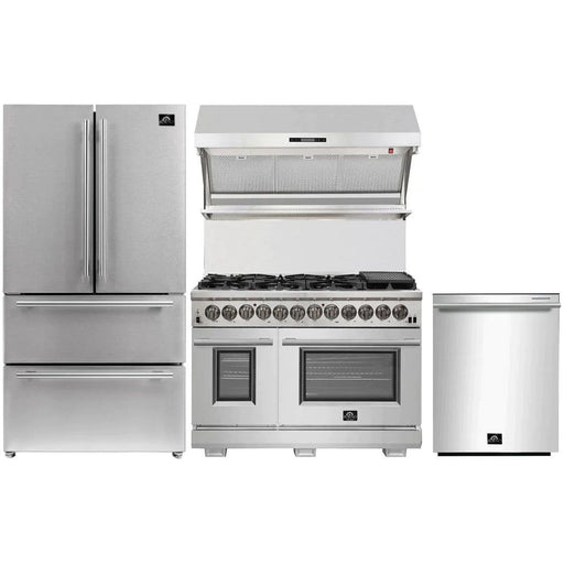 Forno 48" Dual Fuel Range, 36" French Door Refrigerator, Wall Mount Hood with Backsplash and Stainless Steel Dishwasher Pro Appliance Package