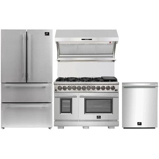 Forno Kitchen Appliance Packages Forno 48" Dual Fuel Range, 36" French Door Refrigerator, Wall Mount Hood with Backsplash and Stainless Steel Dishwasher Pro Appliance Package