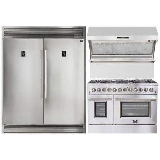 Forno 48" Dual Fuel Range, 56" Pro-Style Refrigerator & Stainless Steel Wall Mount Hood with Backsplash Appliance Package