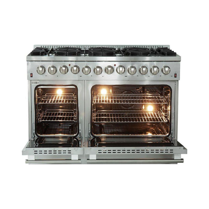 Forno Kitchen Appliance Packages Forno 48" Dual Fuel Range, 56" Pro-Style Refrigerator & Stainless Steel Wall Mount Hood with Backsplash Appliance Package