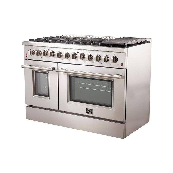 Forno Kitchen Appliance Packages Forno 48" Dual Fuel Range, 56" Pro-Style Refrigerator & Stainless Steel Wall Mount Hood with Backsplash Appliance Package