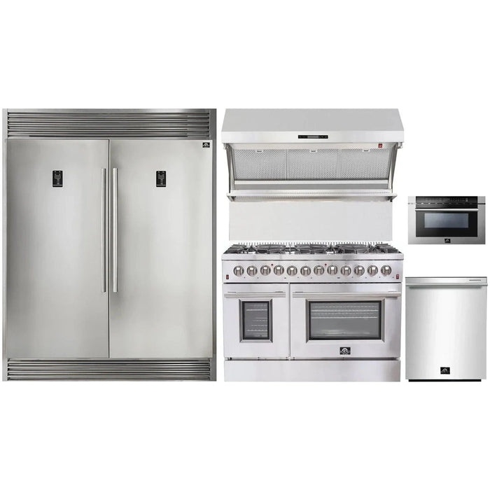 Forno 48" Dual Fuel Range, 56" Pro-Style Refrigerator, Wall Mount Hood with Backsplash, Microwave Drawer and Stainless Steel 3-Rack Dishwasher Appliance Package