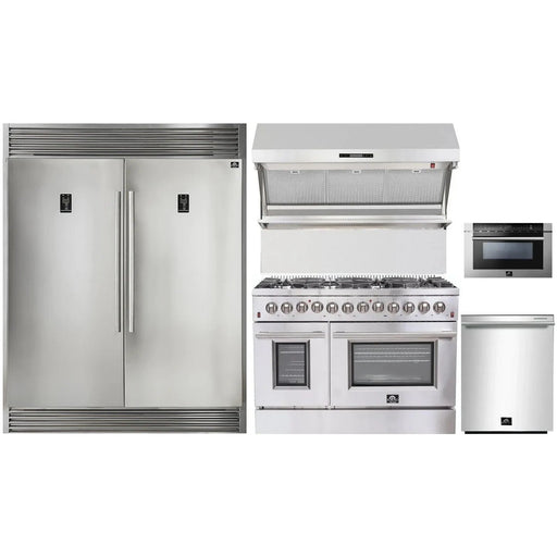 Forno Kitchen Appliance Packages Forno 48" Dual Fuel Range, 56" Pro-Style Refrigerator, Wall Mount Hood with Backsplash, Microwave Drawer and Stainless Steel 3-Rack Dishwasher Appliance Package