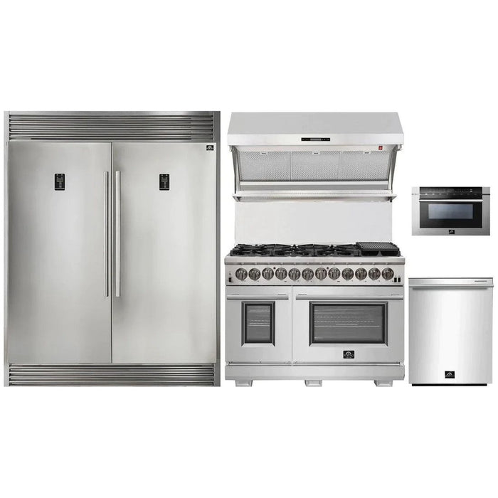 Forno 48" Dual Fuel Range, 56" Pro-Style Refrigerator, Wall Mount Hood with Backsplash, Microwave Drawer and Stainless Steel 3-Rack Dishwasher Pro Appliance Package