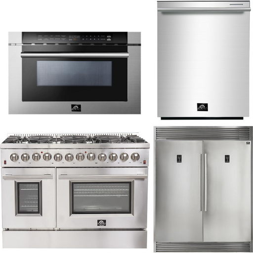 Forno 48" Dual Fuel Range + 60" Refrigerator + Microwave Drawer + Dishwasher Appliance Package