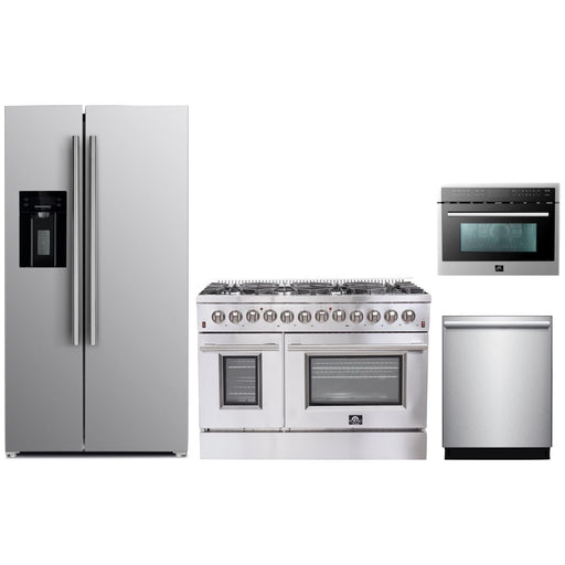 Forno 48" Dual Fuel Range, Refrigerator with Water Dispenser, Microwave Oven and Stainless Steel 3-Rack Dishwasher Appliance Package