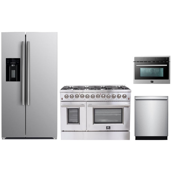 Forno Kitchen Appliance Packages Forno 48" Dual Fuel Range, Refrigerator with Water Dispenser, Microwave Oven and Stainless Steel 3-Rack Dishwasher Appliance Package