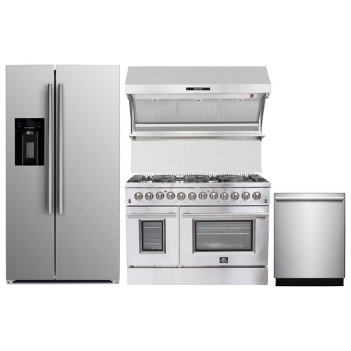 Forno 48" Dual Fuel Range, Refrigerator with Water Dispenser, Wall Mount Hood with Backsplash and Stainless Steel 3-Rack Dishwasher Appliance Package