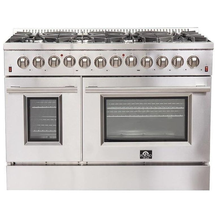 Forno Kitchen Appliance Packages Forno 48" Dual Fuel Range, Refrigerator with Water Dispenser, Wall Mount Hood with Backsplash, Microwave Drawer and Stainless Steel 3-Rack Dishwasher Appliance Package