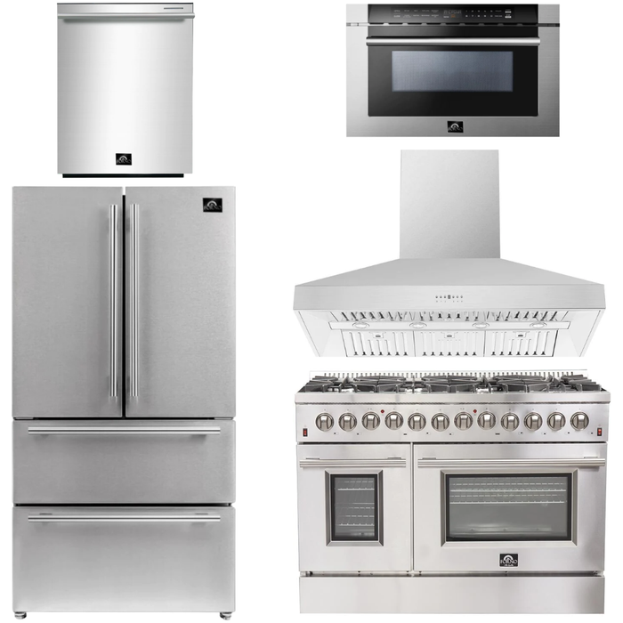 Forno 48" Gas Burner, Electric Oven Range, Range Hood, 36" Refrigerator, Dishwasher and Microwave Drawer Appliance Package