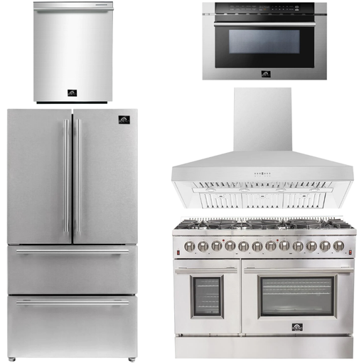Forno Kitchen Appliance Packages Forno 48" Gas Burner, Electric Oven Range, Range Hood, 36" Refrigerator, Dishwasher and Microwave Drawer Appliance Package