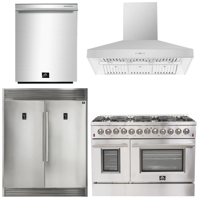 Forno 48" Gas Burner, Electric Oven Range, Range Hood, 60" Refrigerator and Dishwasher Appliance Package