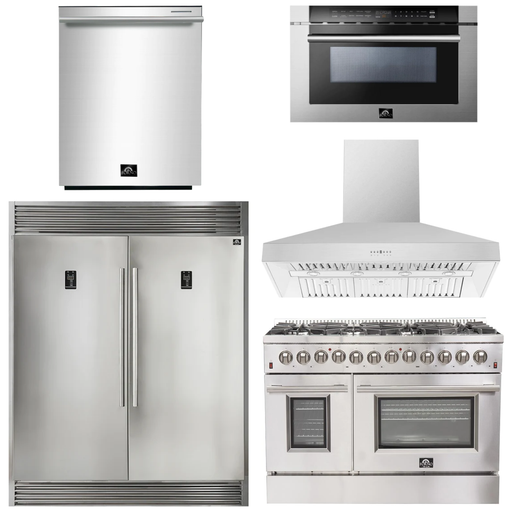 Forno Kitchen Appliance Packages Forno 48" Gas Burner, Electric Oven Range, Range Hood, 60" Refrigerator, Dishwasher and Microwave Drawer Appliance Package
