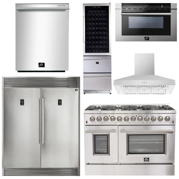 Forno 48" Gas Burner, Electric Oven Range, Range Hood, 60" Refrigerator, Dishwasher, Microwave Drawer and Wine Cooler Appliance Package