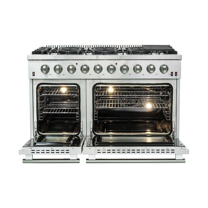 Forno 48" Gas Range, 56" Pro-Style Refrigerator and Stainless Steel Wall Mount Hood with Backsplash Appliance Package