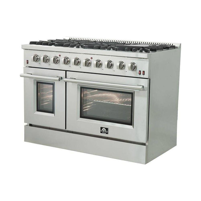 Forno 48" Gas Range, 56" Pro-Style Refrigerator and Stainless Steel Wall Mount Hood with Backsplash Appliance Package