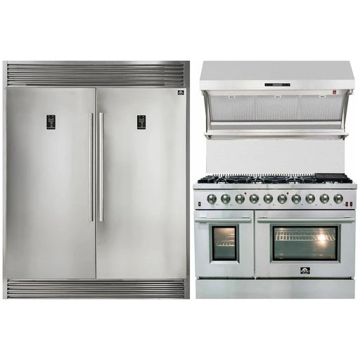 Forno 48" Gas Range, 56" Pro-Style Refrigerator and Stainless Steel Wall Mount Hood with Backsplash Appliance Package