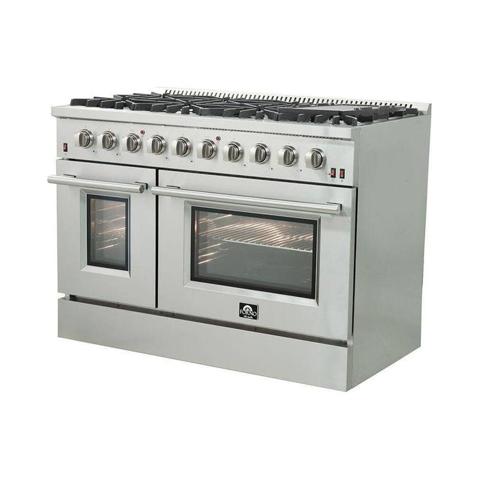Forno Kitchen Appliance Packages Forno 48" Gas Range, 56" Pro-Style Refrigerator and Stainless Steel Wall Mount Hood with Backsplash Appliance Package