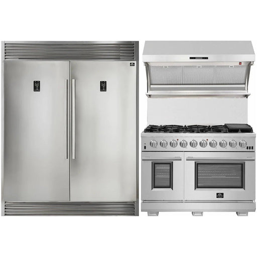 Forno Kitchen Appliance Packages Forno 48" Gas Range, 56" Pro-Style Refrigerator and Wall Mount Hood with Backsplash Appliance Package