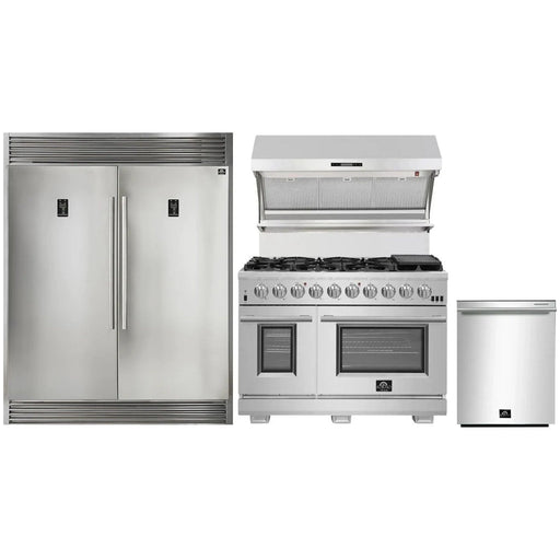 Forno Kitchen Appliance Packages Forno 48" Gas Range, Premium Hood, 56" Pro-Style Refrigerator and Stainless Steel Dishwasher Pro Appliance Package