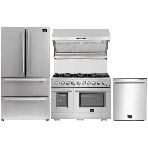 Forno 48" Gas Range, Premium Hood, French Door Refrigerator and Stainless Steel Dishwasher Pro Appliance Package