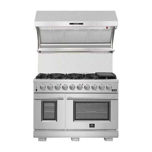 Forno Kitchen Appliance Packages Forno 48" Gas Range, Premium Hood, French Door Refrigerator and Stainless Steel Dishwasher Pro Appliance Package