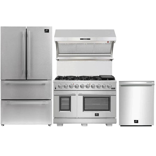 Forno Kitchen Appliance Packages Forno 48" Gas Range, Premium Hood, French Door Refrigerator and Stainless Steel Dishwasher Pro Appliance Package