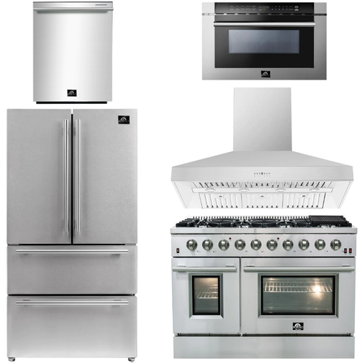 Forno Kitchen Appliance Packages Forno 48" Gas Range, Range Hood, 36" Refrigerator, Dishwasher and Microwave Drawer Appliance Package