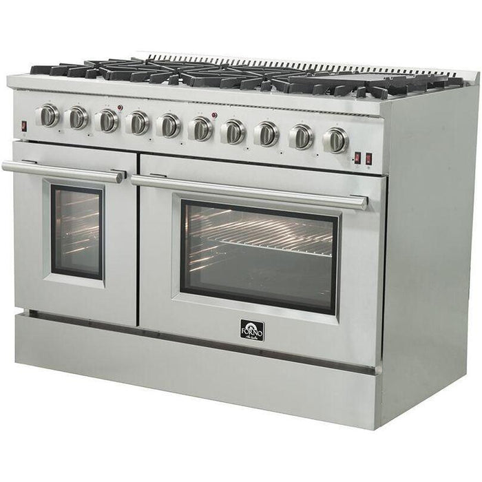 Forno 48" Gas Range, Range Hood, 36" Refrigerator, Dishwasher, Microwave Drawer and Wine Cooler Appliance Package