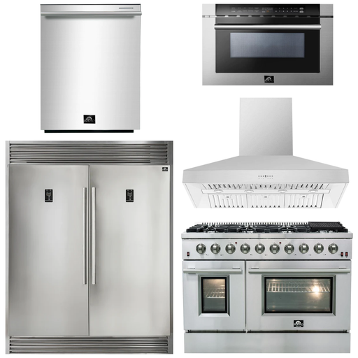 Forno Kitchen Appliance Packages Forno 48" Gas Range, Range Hood, 60" Refrigerator, Dishwasher and Microwave Drawer Appliance Package
