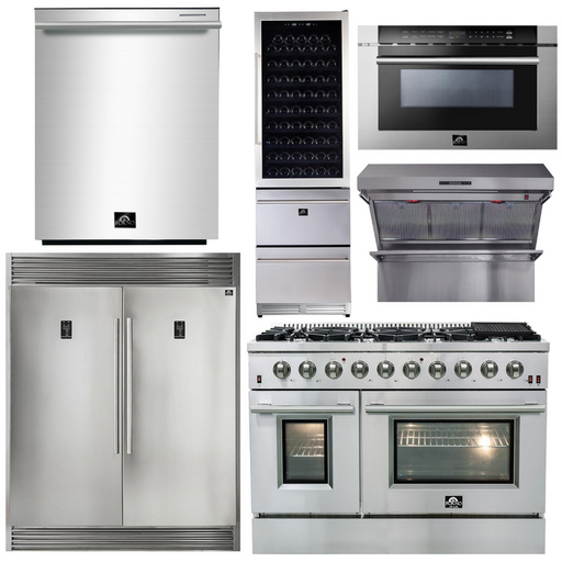 Forno 48" Gas Range + Range Hood + Refrigerator + Microwave Drawer + Dishwasher + Wine Cooler Appliance Package