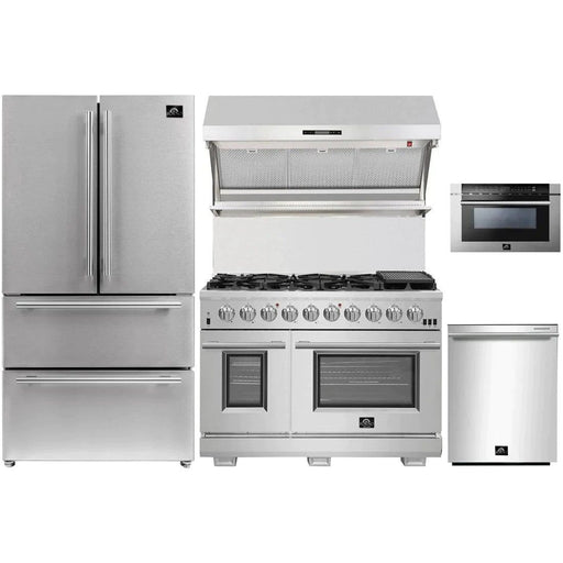 Forno 48" Gas Range, Refrigerator, Wall Mount Hood with Backsplash, Microwave Drawer and Stainless Steel 3-Rack Dishwasher Pro Appliance Package