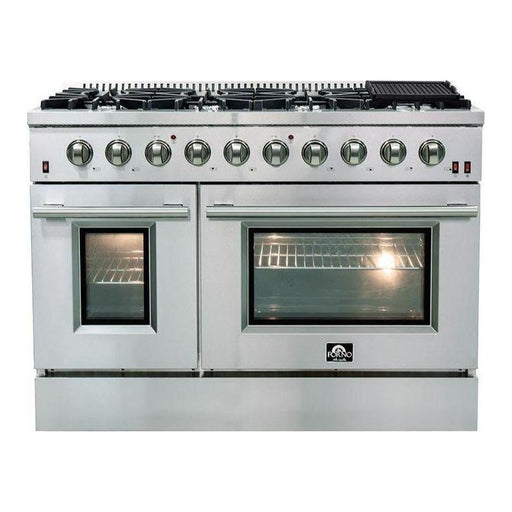 Forno 48" Gas Range, Refrigerator with Water Dispenser, Microwave Drawer and Stainless Steel 3-Rack Dishwasher Appliance Package