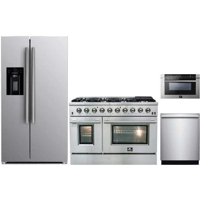 Forno Kitchen Appliance Packages Forno 48" Gas Range, Refrigerator with Water Dispenser, Microwave Drawer and Stainless Steel 3-Rack Dishwasher Appliance Package