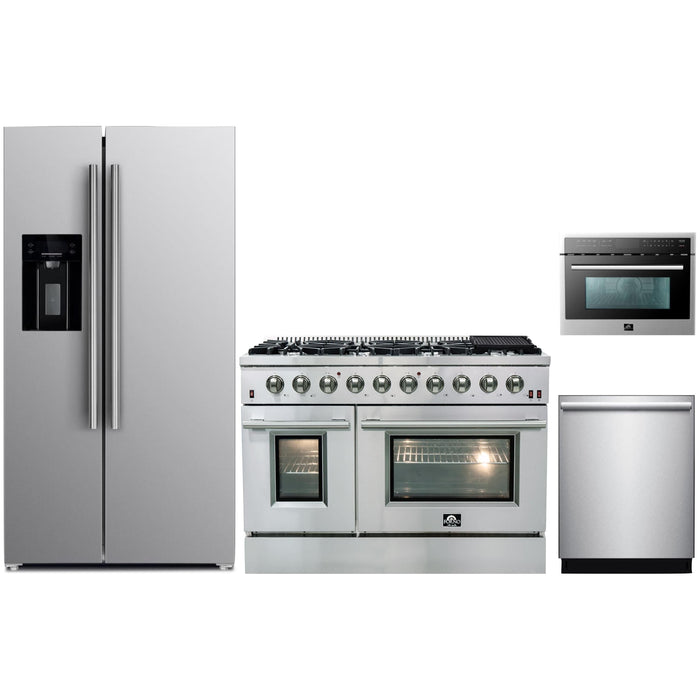 Forno Kitchen Appliance Packages Forno 48" Gas Range, Refrigerator with Water Dispenser, Microwave Oven and Stainless Steel 3-Rack Dishwasher Appliance Package