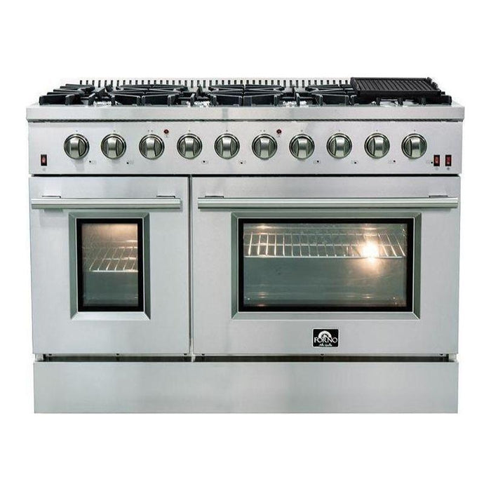 Forno Kitchen Appliance Packages Forno 48" Gas Range, Refrigerator with Water Dispenser, Microwave Oven and Stainless Steel 3-Rack Dishwasher Appliance Package