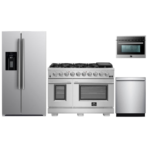 Forno 48" Gas Range, Refrigerator with Water Dispenser, Microwave Oven and Stainless Steel 3-Rack Dishwasher Pro Appliance Package